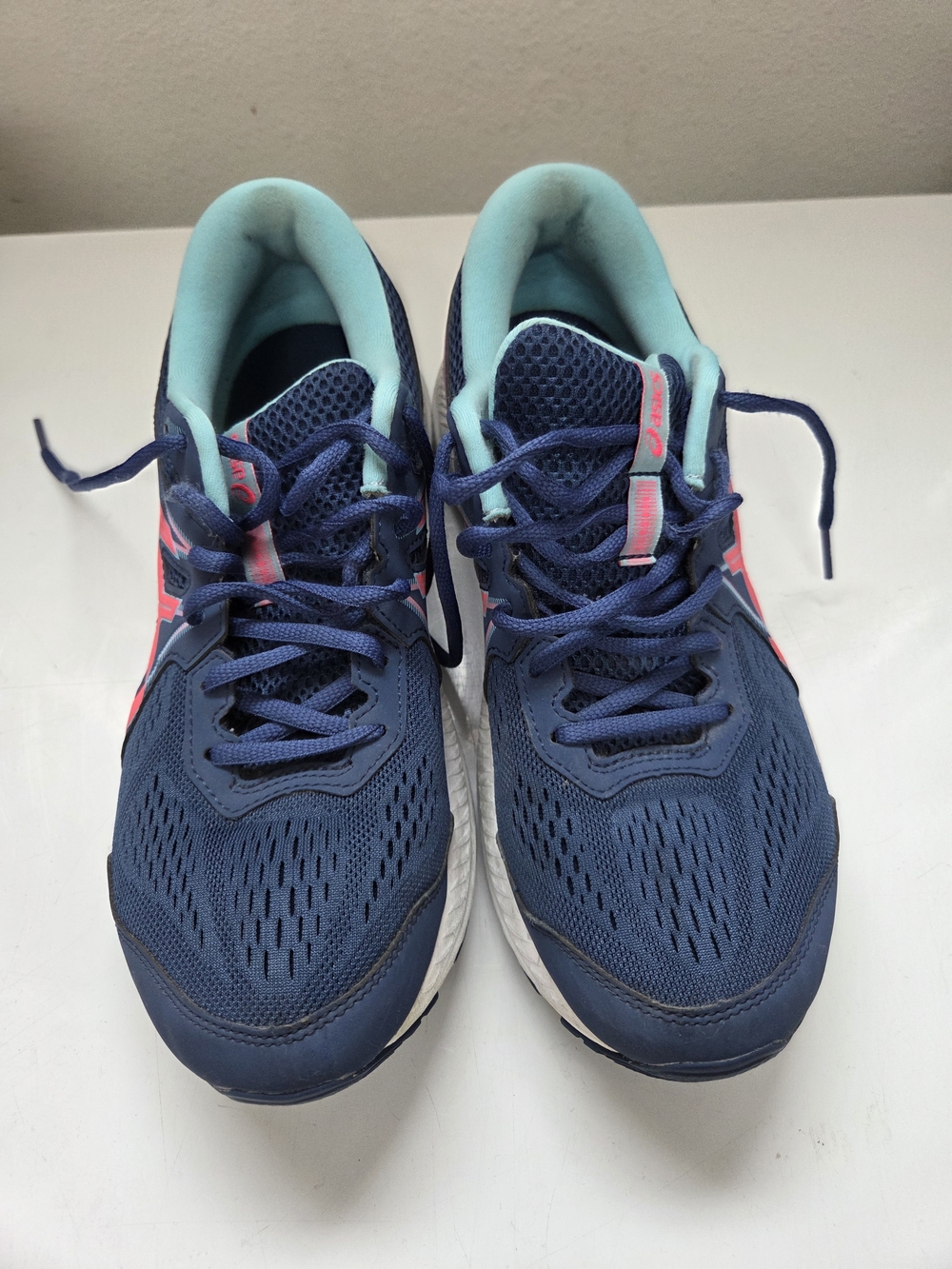 Asics Navy and Mint Running Sneakers with Coral Accents